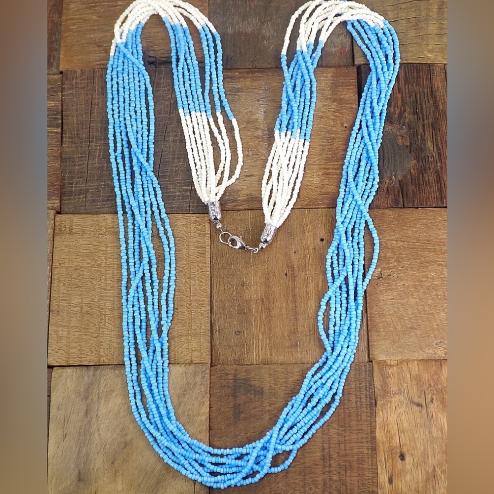 Long Turquoise and White Seed Bead Multi strand Necklace - Fashion necklace